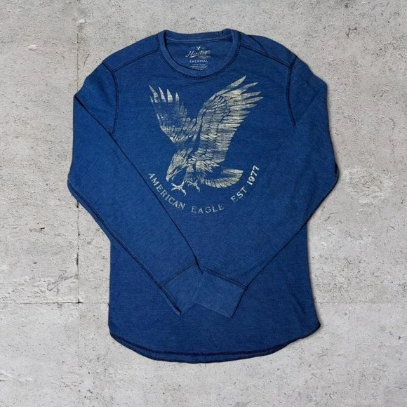 Mens vintage American eagle Navy blue Grunge Y2K thermal Longsleeve shirt size s - Picture 2 of 4